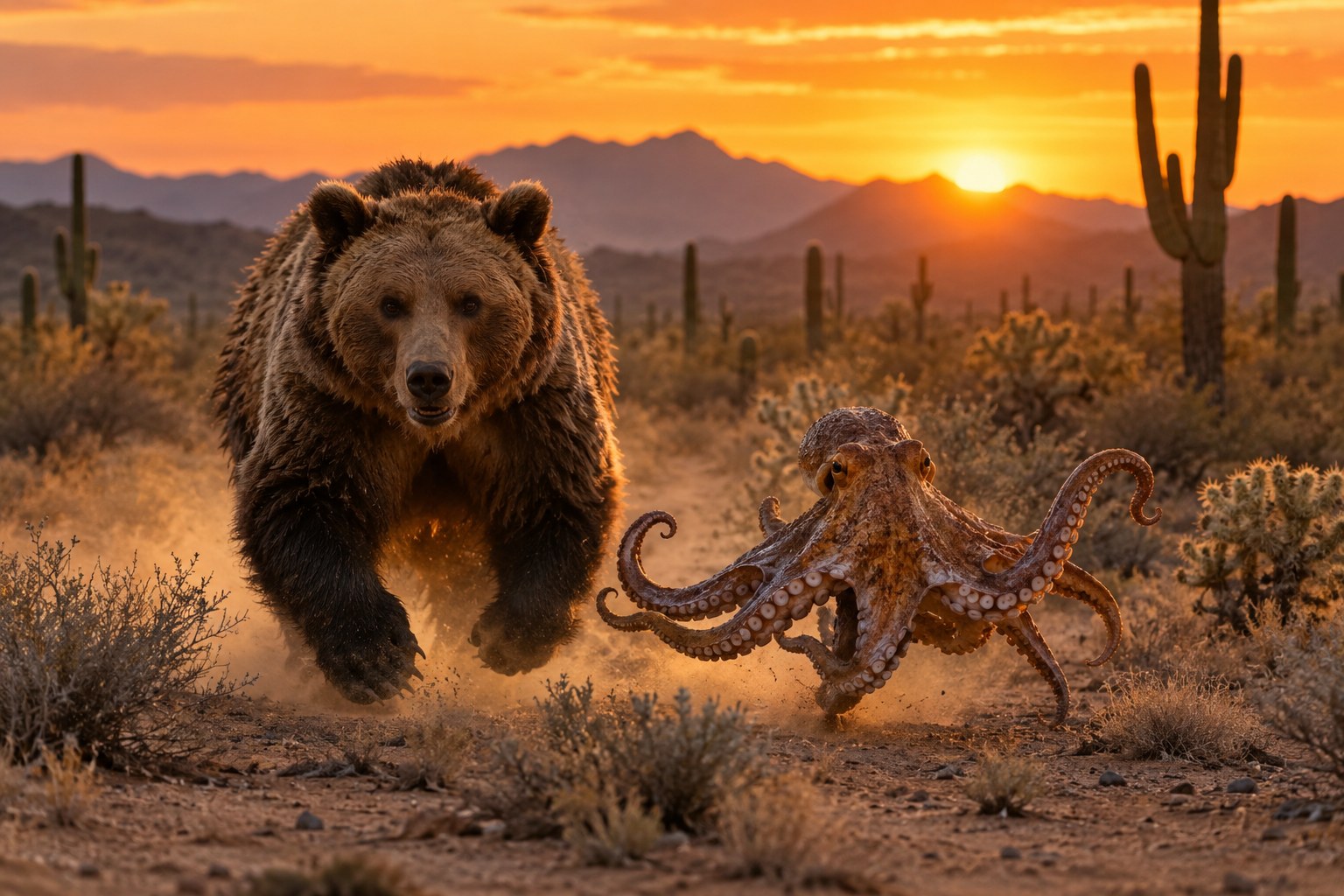 A grizzly bear and an octopus charging across a desert in golden light