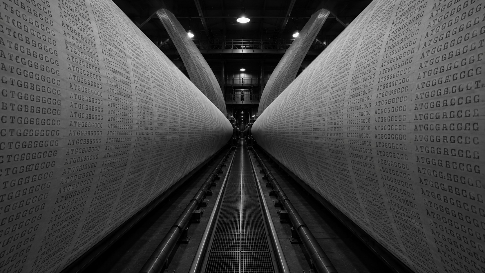 A monumental black-and-white factory with enormous ribbons of printed DNA code