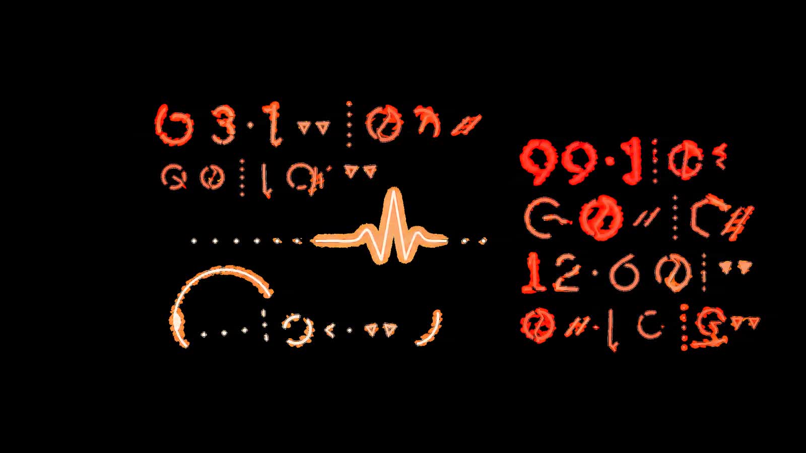 Glowing amber and red animated glyphs and an organic pulse line on black