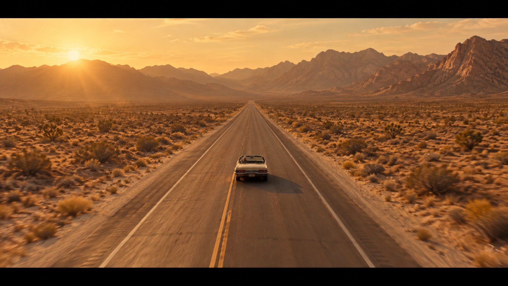 A vintage car on an open desert highway beneath mountains at sunset